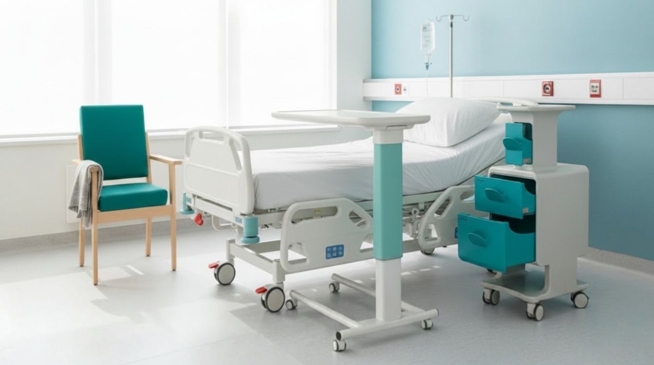 Bristol Maid bedside cabinet and chair on a hospital ward
